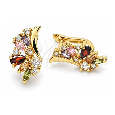 Oro Laminado Huggie Hoop, Gold Filled Style Wings and Teardrop Design, with Multicolor Cubic Zirconia, Polished, Golden Finish, 02.210.0717.3.10