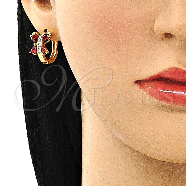 Gold Filled Hoop Earrings — Huggie Hoop Butterfly and Teardrop Design with Garnet — alternate product view — SKU 148717 | Oro Laminado aretes de aro — Huggie Hoop Butterfly and Teardrop diseño with Garnet — SKU 148717