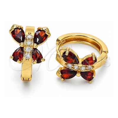 Oro Laminado Huggie Hoop, Gold Filled Style Butterfly and Teardrop Design, with Garnet and White Cubic Zirconia, Polished, Golden Finish, 02.210.0718.1.15