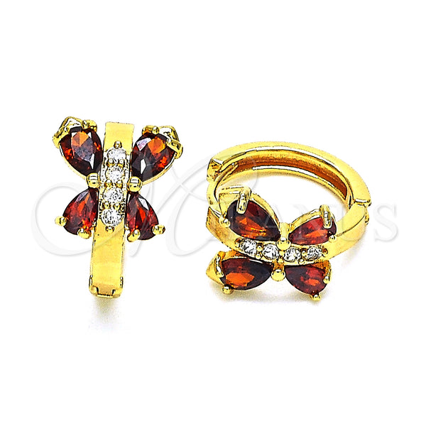 Gold Filled Hoop Earrings — Huggie Hoop Butterfly and Teardrop Design with Garnet — main product view — SKU 148717 | Oro Laminado aretes de aro — Huggie Hoop Butterfly and Teardrop diseño with Garnet — SKU 148717