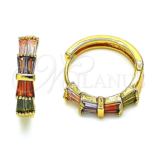 Oro Laminado Huggie Hoop, Gold Filled Style Baguette Design, with Multicolor Cubic Zirconia, Polished, Golden Finish, 02.210.0719.3.20