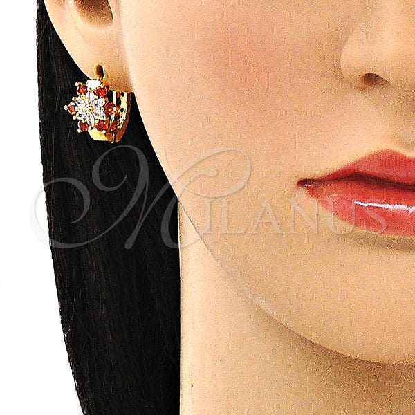 Gold Filled Hoop Earrings — Huggie Hoop Flower Design with Garnet and White — alternate product view — SKU 148726 | Oro Laminado aretes de aro — Huggie Hoop flor diseño with Garnet and blanco — SKU 148726