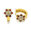 Oro Laminado Huggie Hoop, Gold Filled Style Flower Design, with Garnet and White Cubic Zirconia, Polished, Golden Finish, 02.210.0720.1.15