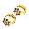 Oro Laminado Huggie Hoop, Gold Filled Style Flower Design, with Garnet and White Cubic Zirconia, Polished, Golden Finish, 02.210.0720.1.15