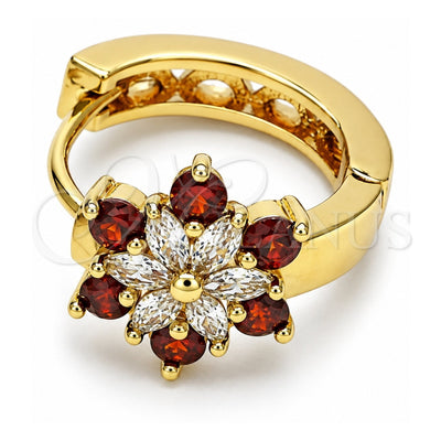 Oro Laminado Huggie Hoop, Gold Filled Style Flower Design, with Garnet and White Cubic Zirconia, Polished, Golden Finish, 02.210.0720.1.15