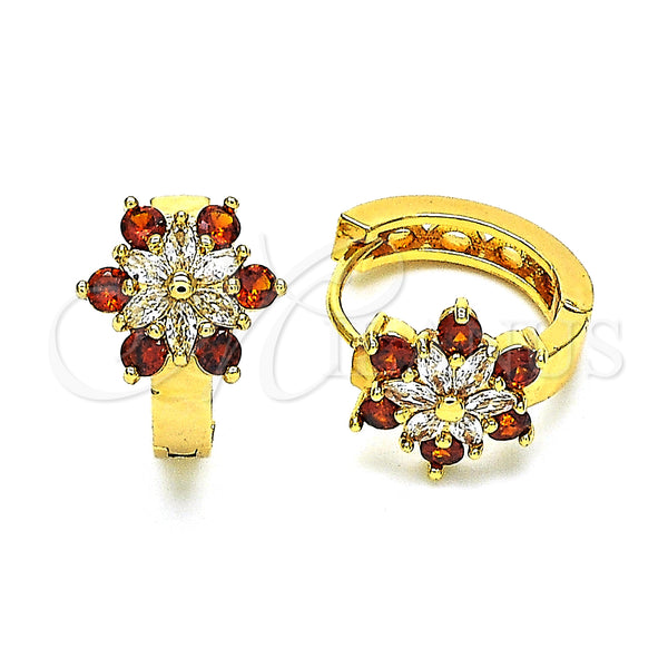 Gold Filled Hoop Earrings — Huggie Hoop Flower Design with Garnet and White — main product view — SKU 148726 | Oro Laminado aretes de aro — Huggie Hoop flor diseño with Garnet and blanco — SKU 148726