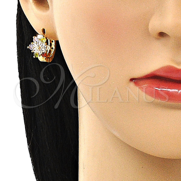 Gold Filled Hoop Earrings — Huggie Hoop Flower Design with Multicolor Cubic Zirconia — alternate product view — SKU 148727 | Oro Laminado aretes de aro — Huggie Hoop flor diseño with Multicolor Cubic Zirconia — SKU 148727