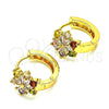 Oro Laminado Huggie Hoop, Gold Filled Style Flower Design, with Multicolor Cubic Zirconia, Polished, Golden Finish, 02.210.0720.3.15