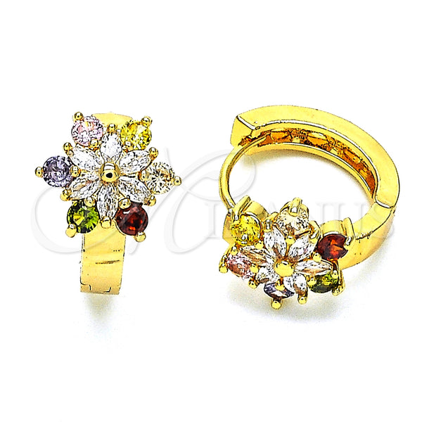 Gold Filled Hoop Earrings — Huggie Hoop Flower Design with Multicolor Cubic Zirconia — main product view — SKU 148727 | Oro Laminado aretes de aro — Huggie Hoop flor diseño with Multicolor Cubic Zirconia — SKU 148727