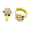 Oro Laminado Huggie Hoop, Gold Filled Style Flower Design, with Multicolor Cubic Zirconia, Polished, Golden Finish, 02.210.0720.3.15