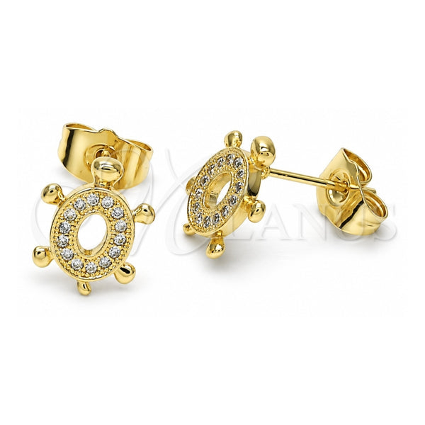 Oro Laminado Stud Earring, Gold Filled Style Turtle Design, with White Micro Pave, Polished, Golden Finish, 02.284.0045.1
