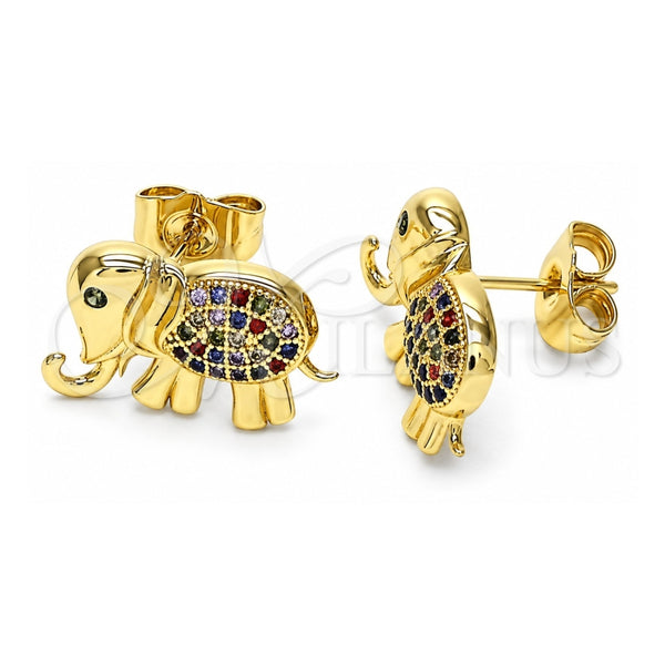 Oro Laminado Stud Earring, Gold Filled Style Elephant Design, with Multicolor Cubic Zirconia, Polished, Golden Finish, 02.284.0046