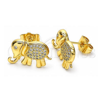 Oro Laminado Stud Earring, Gold Filled Style Elephant Design, with White Micro Pave, Polished, Golden Finish, 02.284.0046.1
