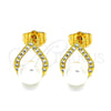 Oro Laminado Stud Earring, Gold Filled Style Heart Design, with Ivory Pearl and White Micro Pave, Polished, Golden Finish, 02.344.0126