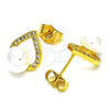 Oro Laminado Stud Earring, Gold Filled Style Heart Design, with Ivory Pearl and White Micro Pave, Polished, Golden Finish, 02.344.0126