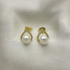 Oro Laminado Stud Earring, Gold Filled Style Heart Design, with Ivory Pearl and White Micro Pave, Polished, Golden Finish, 02.344.0126