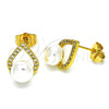 Oro Laminado Stud Earring, Gold Filled Style Heart Design, with Ivory Pearl and White Micro Pave, Polished, Golden Finish, 02.344.0126