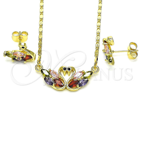 Oro Laminado Earring and Pendant Adult Set, Gold Filled Style Swan Design, with Multicolor Cubic Zirconia, Polished, Golden Finish, 10.210.0162.1
