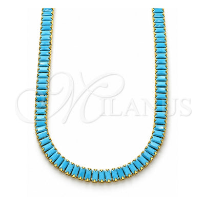 Oro Laminado Fancy Necklace, Gold Filled Style Baguette Design, with Turquoise Cubic Zirconia, Polished, Golden Finish, 04.130.0001.3.12 (05 MM Thickness, 12 Inches Length)