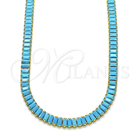 Oro Laminado Fancy Necklace, Gold Filled Style Baguette Design, with Turquoise Cubic Zirconia, Polished, Golden Finish, 04.130.0001.3.12 (05 MM Thickness, 12 Inches Length)