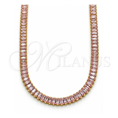Oro Laminado Fancy Necklace, Gold Filled Style Baguette Design, with Pink Cubic Zirconia, Polished, Golden Finish, 04.130.0001.4.12 (05 MM Thickness, 12 Inches Length)