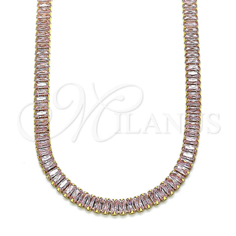 Oro Laminado Fancy Necklace, Gold Filled Style Baguette Design, with Pink Cubic Zirconia, Polished, Golden Finish, 04.130.0001.4.12 (05 MM Thickness, 12 Inches Length)