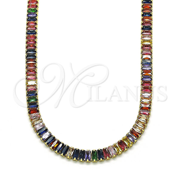Oro Laminado Fancy Necklace, Gold Filled Style Baguette Design, with Multicolor Cubic Zirconia, Polished, Golden Finish, 04.130.0001.5.12 (05 MM Thickness, 12 Inches Length)