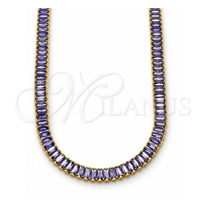 Oro Laminado Fancy Necklace, Gold Filled Style Baguette Design, with Amethyst Cubic Zirconia, Polished, Golden Finish, 04.130.0001.6.12 (05 MM Thickness, 12 Inches Length)
