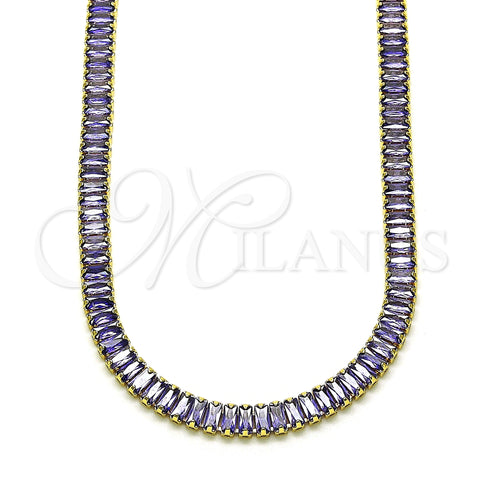 Oro Laminado Fancy Necklace, Gold Filled Style Baguette Design, with Amethyst Cubic Zirconia, Polished, Golden Finish, 04.130.0001.6.12 (05 MM Thickness, 12 Inches Length)