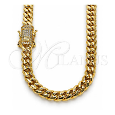 Stainless Steel Basic Necklace, Miami Cuban Design, with White Crystal, Polished, Golden Finish, 03.278.0003.18 (08 MM Thickness, 18 Inches Length)