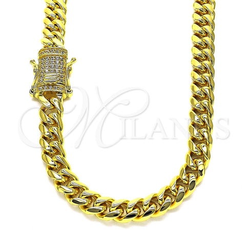 Stainless Steel Basic Necklace, Miami Cuban Design, with White Crystal, Polished, Golden Finish, 03.278.0003.18 (08 MM Thickness, 18 Inches Length)