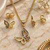 Oro Laminado Earring and Pendant Adult Set, Gold Filled Style Butterfly Design, with Multicolor Micro Pave, Polished, Golden Finish, 10.156.0452.1