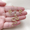 Oro Laminado Earring and Pendant Adult Set, Gold Filled Style Snake Design, with White Micro Pave, Polished, Golden Finish, 10.156.0455