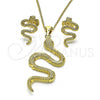 Oro Laminado Earring and Pendant Adult Set, Gold Filled Style Snake Design, with White Micro Pave, Polished, Golden Finish, 10.156.0455