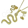 Oro Laminado Earring and Pendant Adult Set, Gold Filled Style Snake Design, with White Micro Pave, Polished, Golden Finish, 10.156.0455