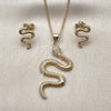 Oro Laminado Earring and Pendant Adult Set, Gold Filled Style Snake Design, with White Micro Pave, Polished, Golden Finish, 10.156.0455