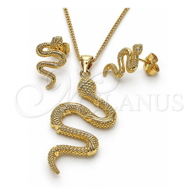 Oro Laminado Earring and Pendant Adult Set, Gold Filled Style Snake Design, with White Micro Pave, Polished, Golden Finish, 10.156.0455