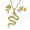 Oro Laminado Earring and Pendant Adult Set, Gold Filled Style Snake Design, with White Micro Pave, Polished, Golden Finish, 10.156.0455