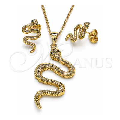Oro Laminado Earring and Pendant Adult Set, Gold Filled Style Snake Design, with Green Micro Pave, Polished, Golden Finish, 10.156.0455.1