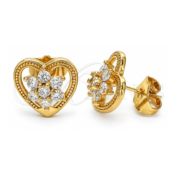 Oro Laminado Stud Earring, Gold Filled Style Heart and Flower Design, with White Cubic Zirconia, Polished, Golden Finish, 02.387.0080