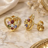 Oro Laminado Stud Earring, Gold Filled Style Heart and Flower Design, with Multicolor Cubic Zirconia, Polished, Golden Finish, 02.387.0080.1
