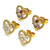 Oro Laminado Stud Earring, Gold Filled Style Heart and Flower Design, with Multicolor Cubic Zirconia, Polished, Golden Finish, 02.387.0080.1