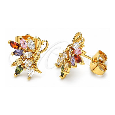 Oro Laminado Stud Earring, Gold Filled Style Butterfly Design, with Multicolor Cubic Zirconia, Polished, Golden Finish, 02.387.0081.1