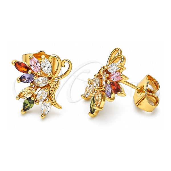 Oro Laminado Stud Earring, Gold Filled Style Butterfly Design, with Multicolor Cubic Zirconia, Polished, Golden Finish, 02.387.0081.1