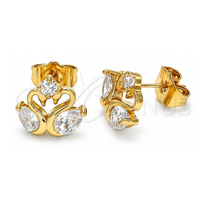 Oro Laminado Stud Earring, Gold Filled Style Swan Design, with White Cubic Zirconia, Polished, Golden Finish, 02.387.0083