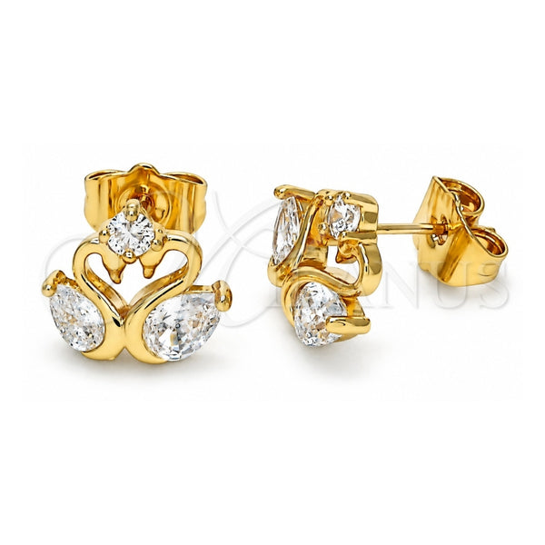 Oro Laminado Stud Earring, Gold Filled Style Swan Design, with White Cubic Zirconia, Polished, Golden Finish, 02.387.0083
