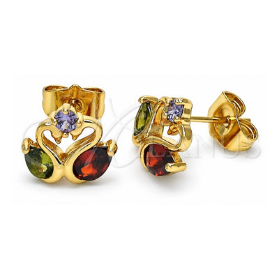 Oro Laminado Stud Earring, Gold Filled Style Swan Design, with Multicolor Cubic Zirconia, Polished, Golden Finish, 02.387.0083.1