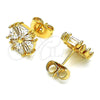 Oro Laminado Stud Earring, Gold Filled Style Flower and Baguette Design, with White Cubic Zirconia, Polished, Golden Finish, 02.387.0084