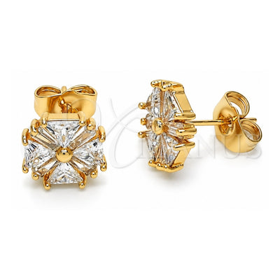 Oro Laminado Stud Earring, Gold Filled Style Flower and Baguette Design, with White Cubic Zirconia, Polished, Golden Finish, 02.387.0084