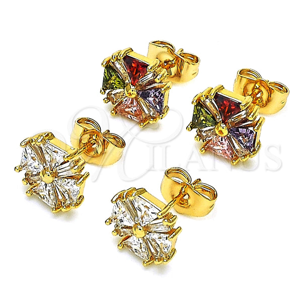 Gold Filled Ring — Stud Earring Flower and Baguette Design with White — alternate product view — SKU 148809 | Oro Laminado anillo — Stud Earring flor and Baguette diseño with blanco — SKU 148809